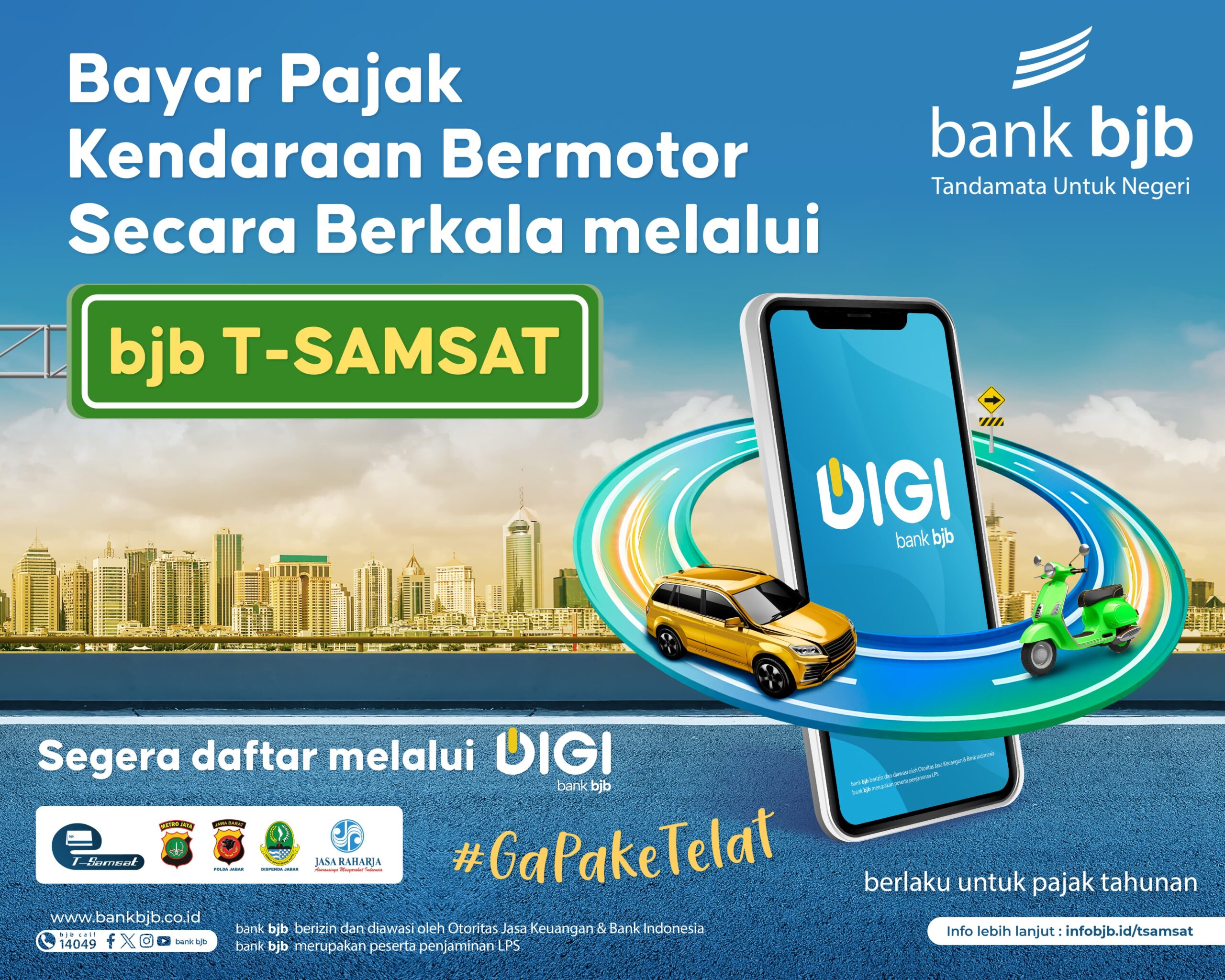 Bayar pajak kendaraan kini lebih mudah dan tanpa antre dengan bjb T-Samsat di DIGI bank bjb! Praktis, aman, dan bisa dilakukan di mana saja.